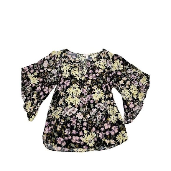 LC Lauren Conrad Black Yellow Pink Floral Flutter Sleeve Pintuck Pleat Top S - Picture 6 of 8